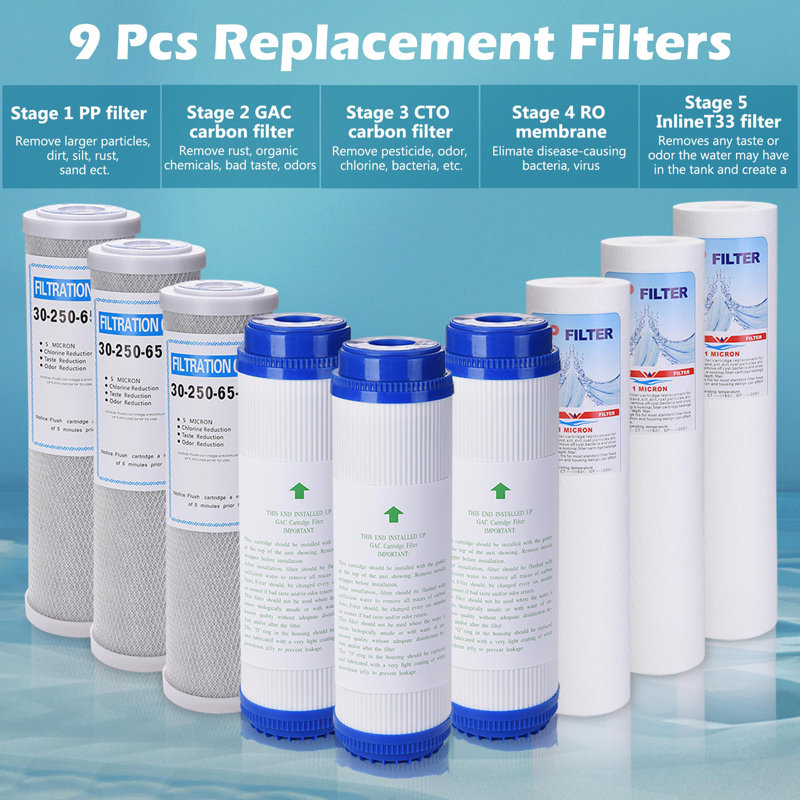 Ensemble de 9 filtres de rechange pour osmose inversée, bloc d'eau, sédiments, bloc de carbone GAC