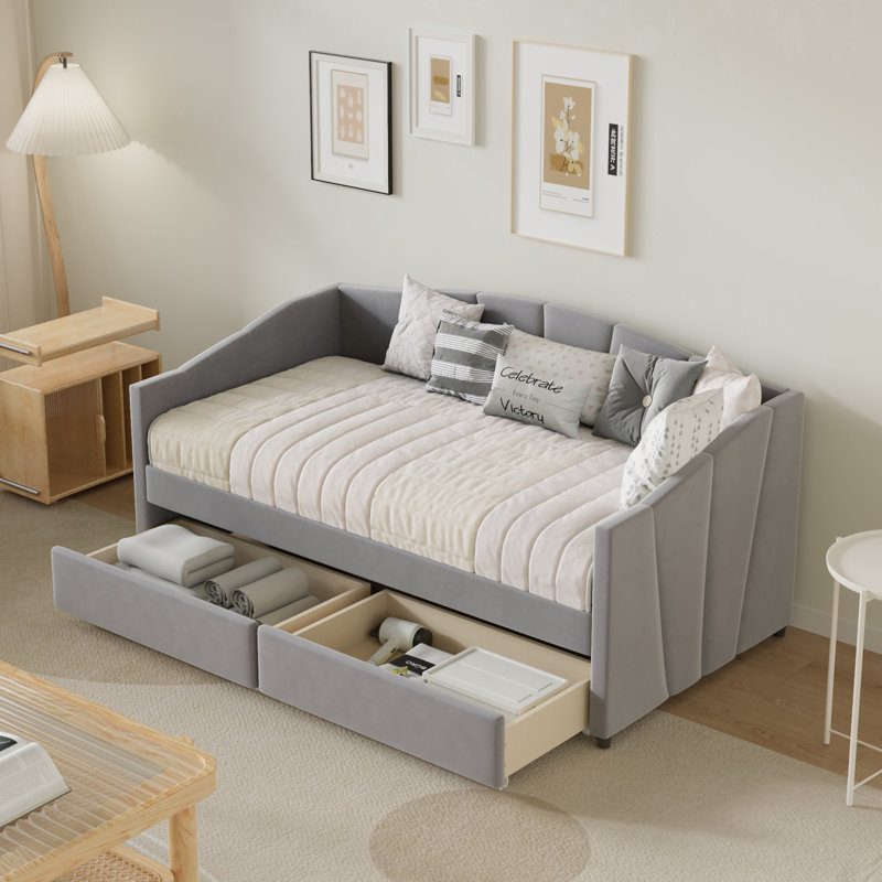 Eliana Twin Velvet Upholstered Daybed with Drawers -Solid Construction, Space Maximization, Grey