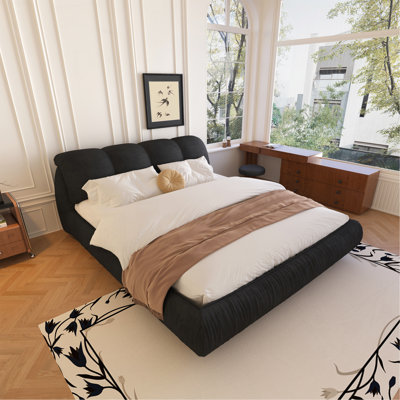 Très grand lit plateforme tapissier très grand avec dossier rembourré surdimensionné et structure en bois massif, convenant à plusieurs hauteurs de matelas, noir