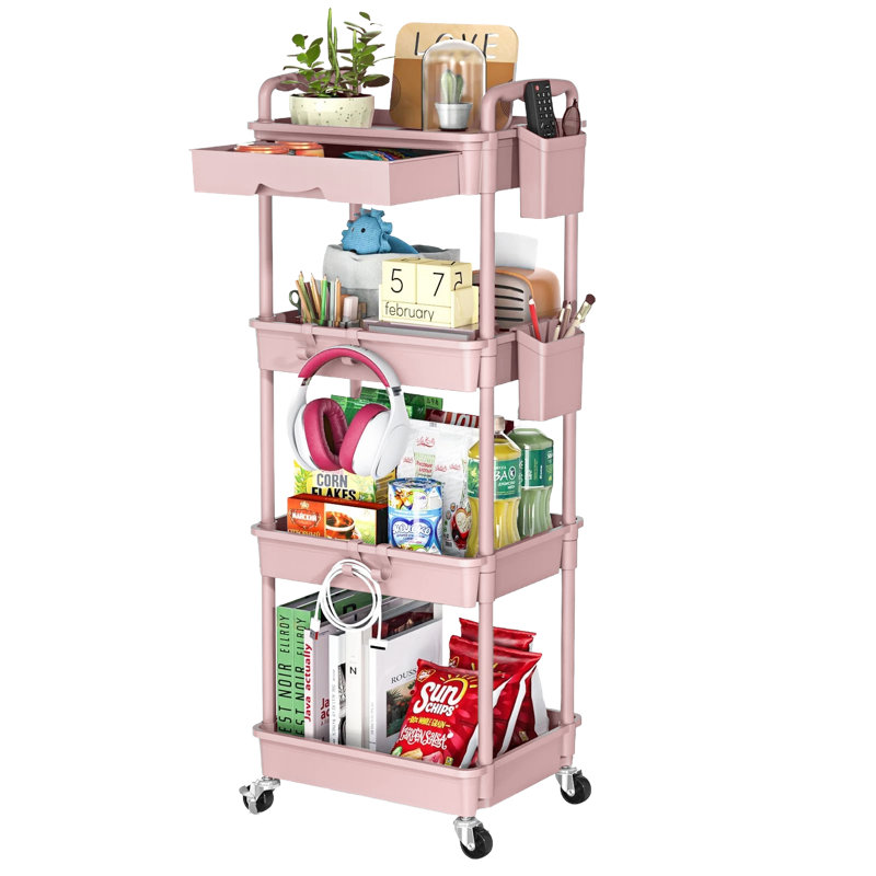 4-Tier Rolling Multi-Purpose Trolley With Drawers,Practical & Versatile Storage Trolley With Plastic Shelves & Lockable Wheels