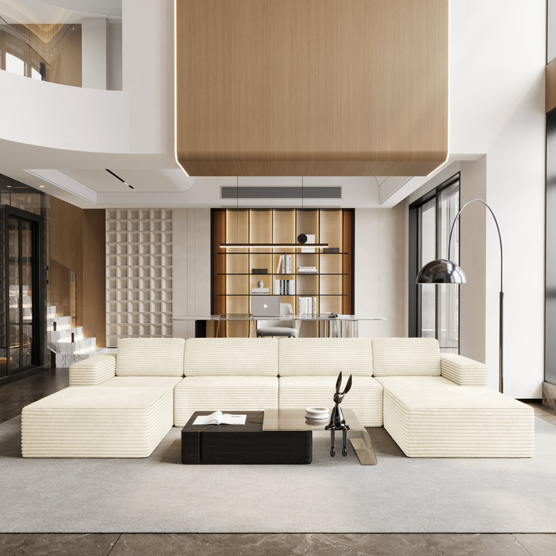 Modular Corduroy 404cm 4-seater Sofa With 2 Ottomans, No Assembly Required, With High Rebound Sponge, Beige