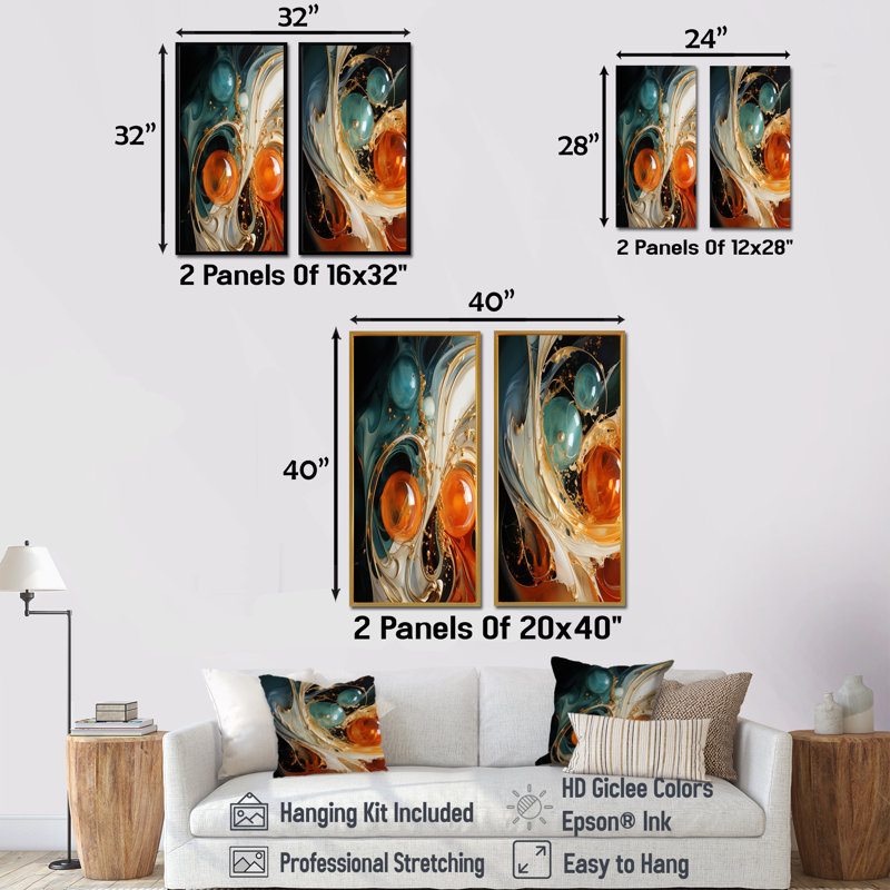 Encre blanche blanche et orange, tempête IV - ensemble de 2 reproductions d'art abstrait, Toile tendue, H 40 po x l 41 po