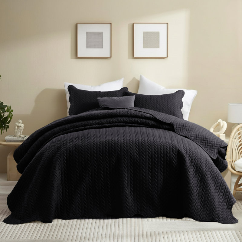 Microfiber Embossed Oversized Modern & Contemporary Bedspread Set With Shams, King Bedspread + 2 Pillowcases, Black