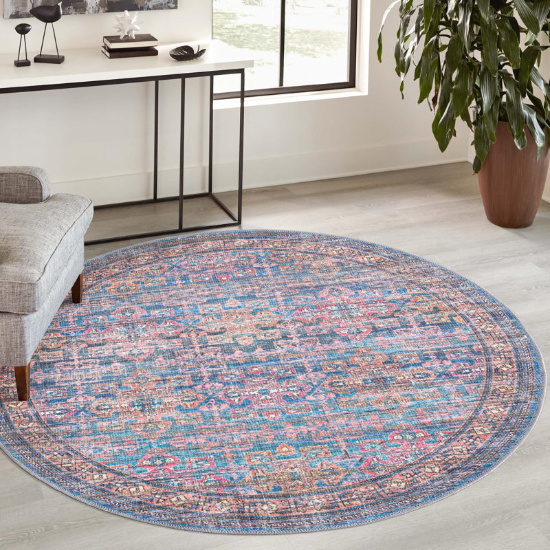 Tapis bleu tissé à la machine Hadsell, Rond 3 pi 3 po
