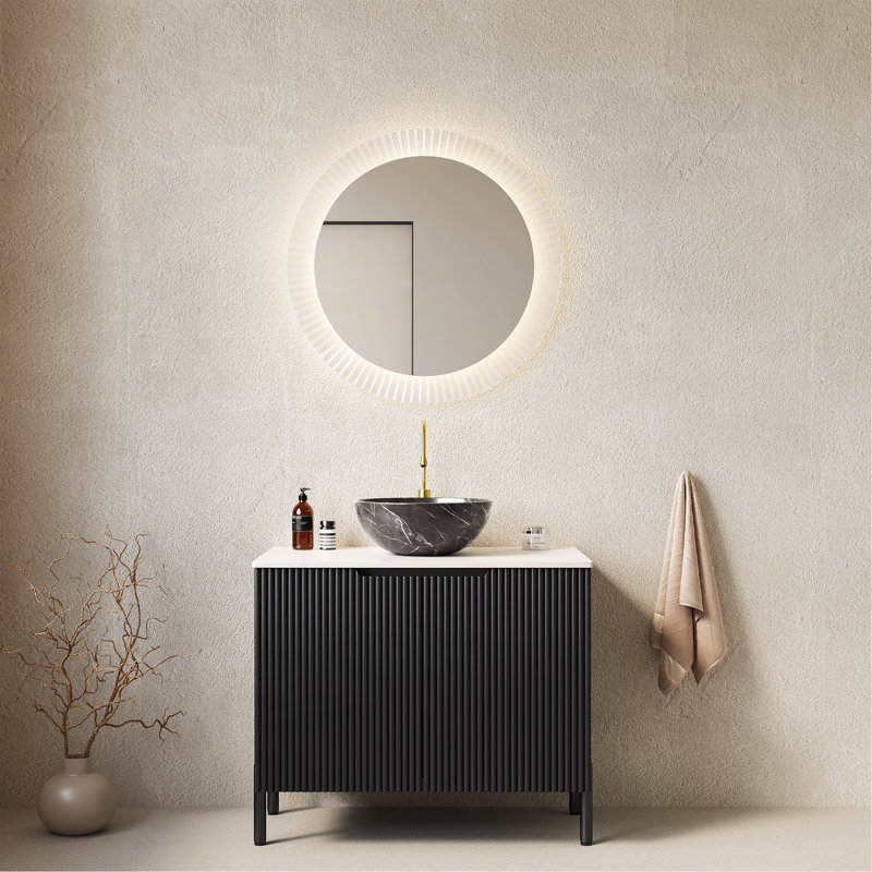 Meuble-lavabo de salle de bain 30 po avec lavabo, meuble de rangement autoportant avec 2 portes, lavabo en céramique avec motif en pierre et comptoir en pierre frittée blanc de Carrare, sans robinet, couleur noire