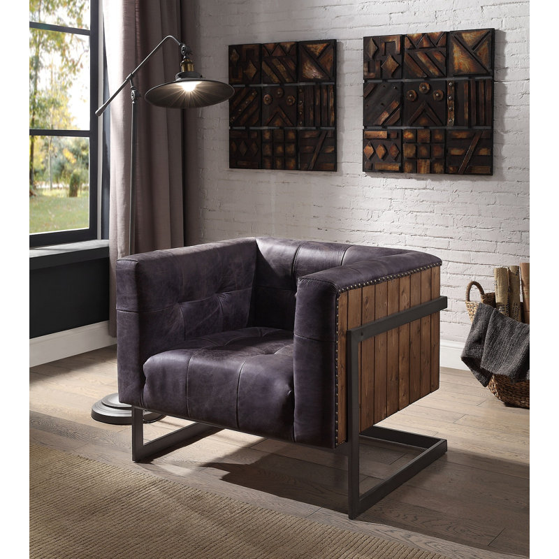 Chaise d'appoint touffetée en ébène antique et chêne rustique