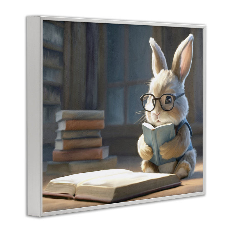 «Bookish Bunny at Desk», estampe numérique, conception de Kim Allen, Giclée encadrée blanc bord de mer, H 24 po x l 30 po