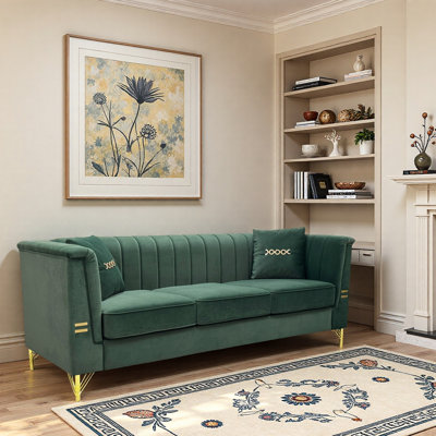 Canapé moderne en velours 3 places 82,67 pouces, dossier vertical, idéal pour les appartements avec mousse haute densité, pieds en métal