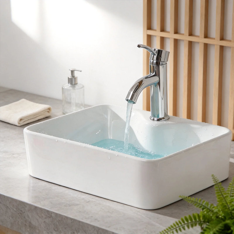 Vasque rectangulaire en porcelaine vitrifiée blanche de 48 x 38 cm (19 x 15 po) avec un trou pour robinetterie, à poser sur un meuble-lavabo et bonde de 4,4 cm (1,75 po).