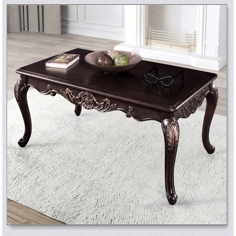 Table basse rectangulaire 1 pièce avec style traditionnel, pieds courbés, structure en bois massif et motif sculpté complexe