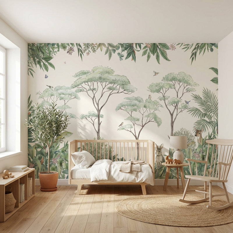 Papier peint rétro avec verdure et faune, L: 170 po x H: 108 po, Peler et coller