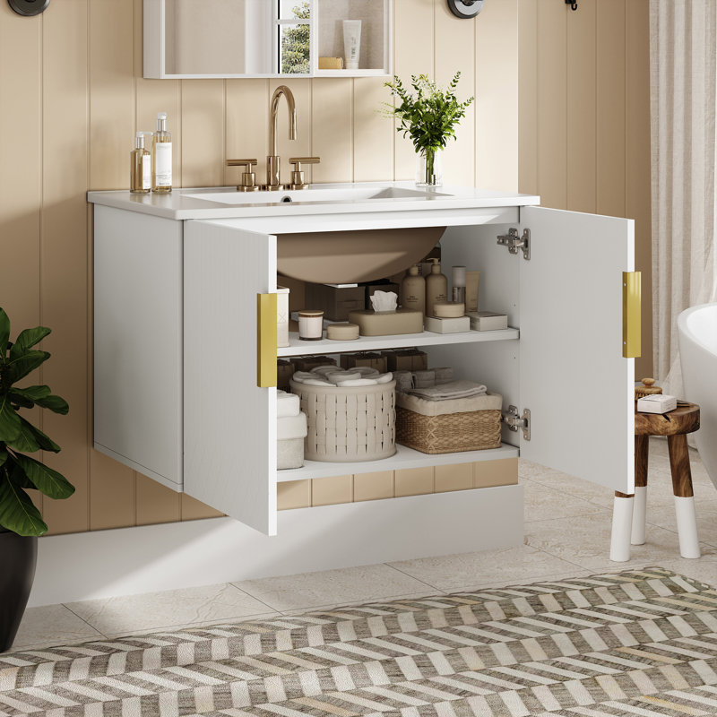 30" Vintage Bathroom Vanity With Ceramic Sink, With 3 Holes Single Ceramic Sink, 2 Soft Closing Doors 
