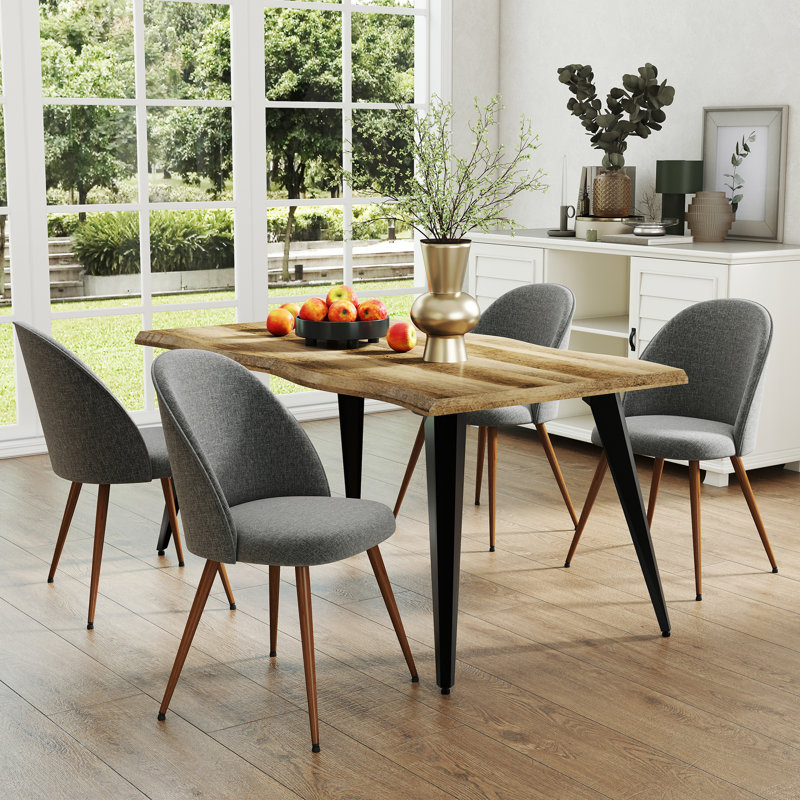 Shivani 5-Piece Modern Dining Set with 63'' Wavy-Edge Table and Upholstered Chairs, Stone Gray/Brown, Tan
