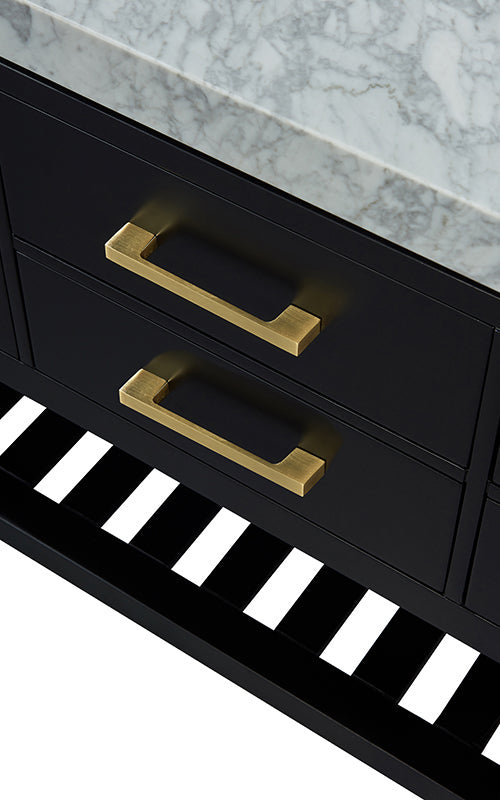 Elizabeth 60'' W Double Vanity, Black Onyx/Brushed Gold, Carrara White Marble