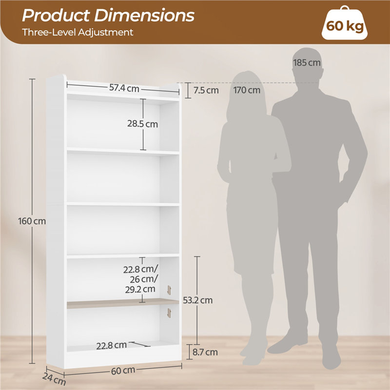 Standard Bookcase, (6 Shelves) 160cm H x 60cm W x 24cm D, White