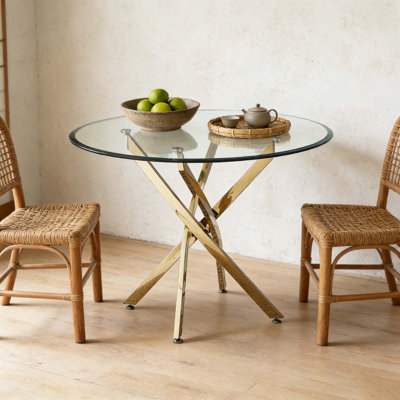 Contemporary Round Clear Dining Tempered Glass Table with Gold Finish Stainless Steel Legs