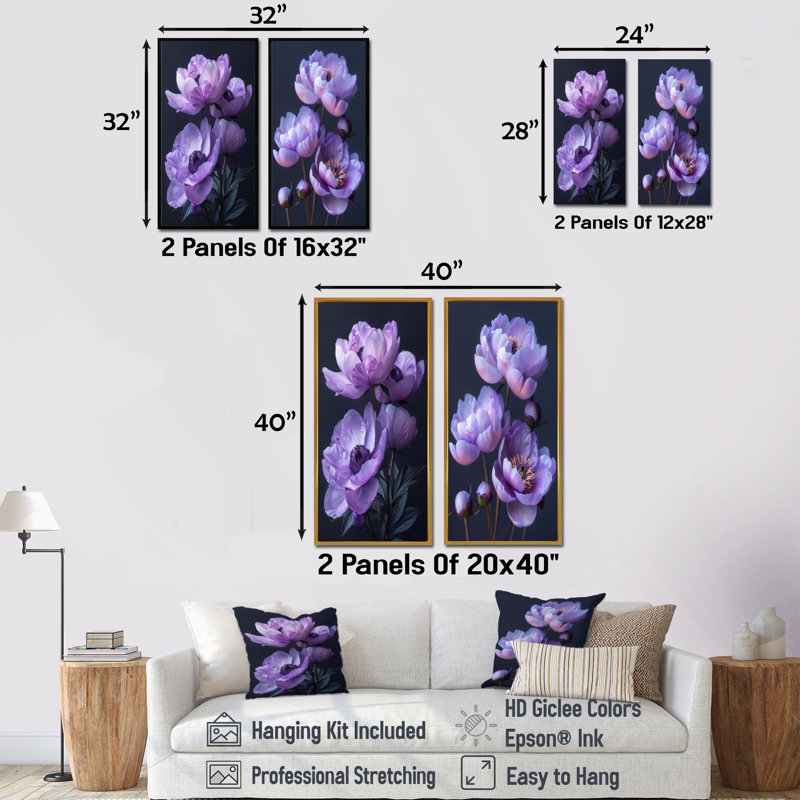 Robison - pivoines, ensemble de 2 pièces d'art mural, H 28 po x l 24 po, Impression encadrée, Argent argent