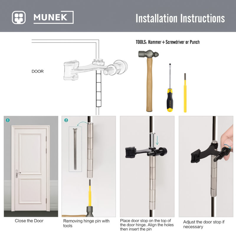 Butoir de porte à charnière MUNEK, butée de porte noire réglable avec embouts en caoutchouc blanc, paquet de 3