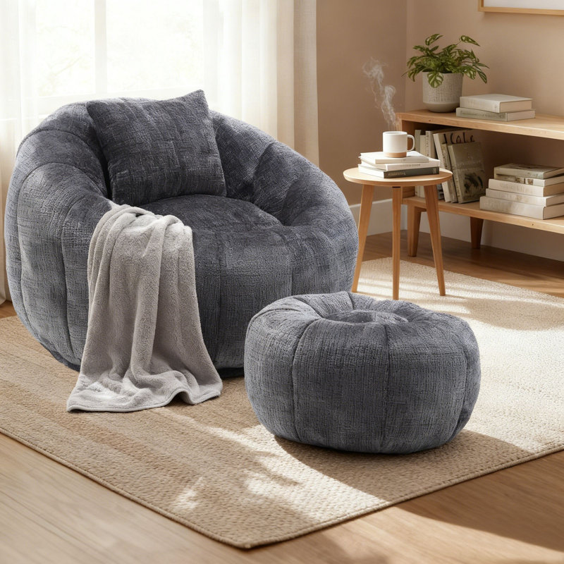 Cloud-Like Memory Foam Bean Bag Chair & Ottoman Set Soft Fabric Lounger with Pillow for Living Room/Playroom, Gray Chenille
