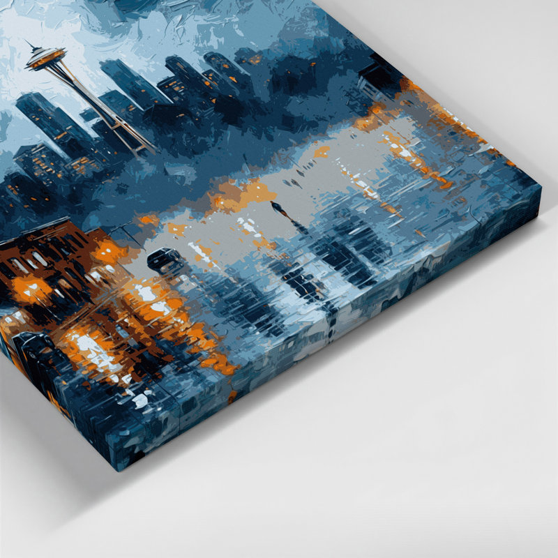 Art mural sur toile bleu avec villes Seattle, H 16 po x l 20 po