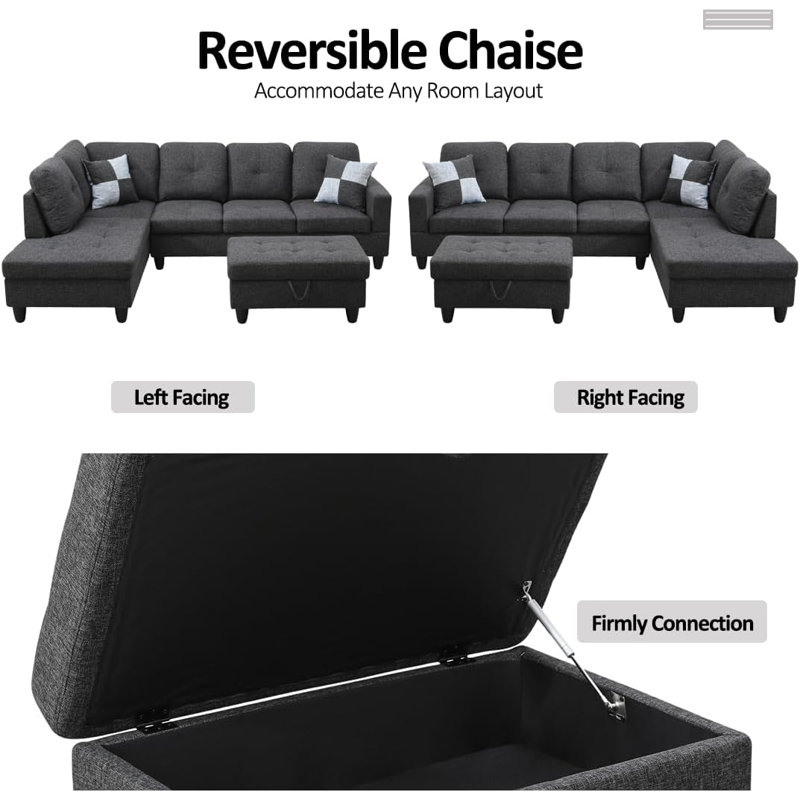 103" Wide L-Shaped Modular Living Room Sectional Sofa With Storage Ottoman, Right Hand Facing, Black Gray Linen
