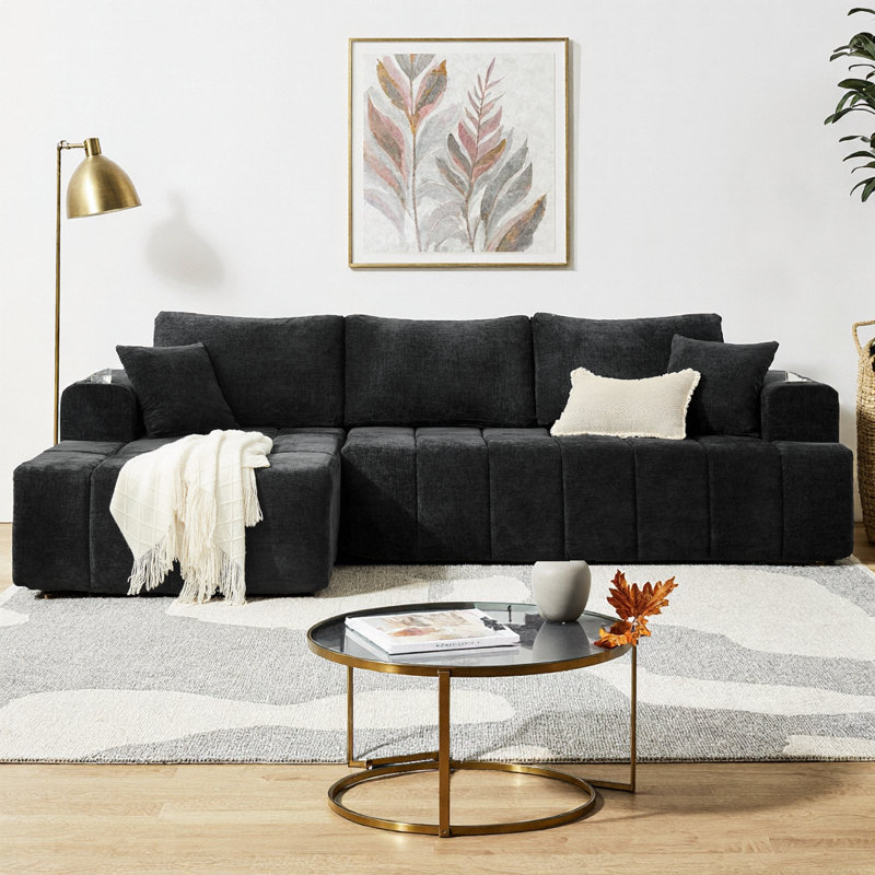 Canapé modulaire en L 108 po en chenille, canapé désossé de style nuage avec méridienne gauche, canapé rembourré moderne avec porte-gobelets et poches latérales, canapé à compression pour le salon