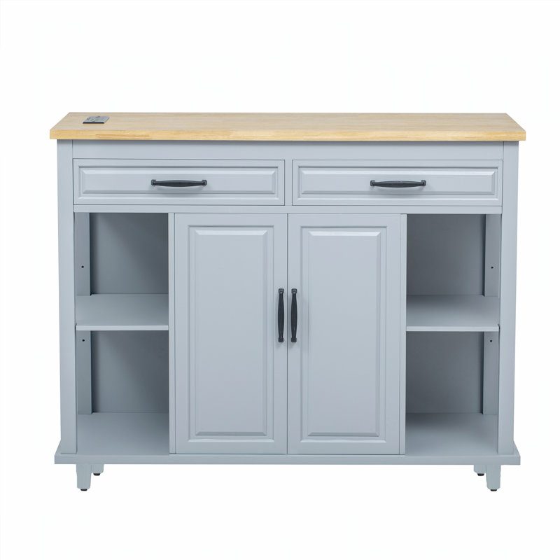 47 inch Kitchen Island with Extendable Dining Table, Rubber Wood Veneer Kitchen Table with Internal Storage Rack, Power Outlet, Kitchen island with Storage 2 Drawers 2 Cabinet,Grey Blue