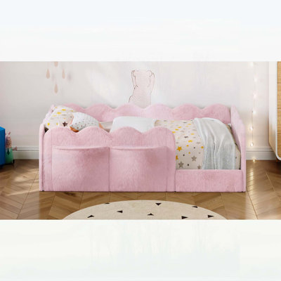 Twin Size Upholstered Floor Bed with Ultra-Soft Rabbit Plush, High-Density Foam Guardrails, and Storage Pockets, Pink