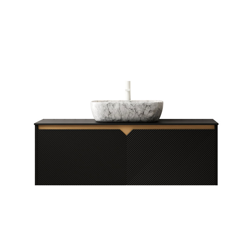 Meuble-lavabo flottant de 48 po, comptoir en pierre frittée noire, lavabo en céramique à motif de marbre blanc, armoire en bois massif avec conception en sergé de 49,37 po et évier, unité de rangement en contreplaqué, vasque,