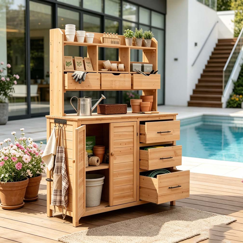Farmhouse Patio Potting Bench, 44.6''x19.5'' Large Freestanding Garden Workstation with 6 Drawers, Natural Wood