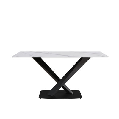 63-Inch Modern Artificial Stone White Straight Edge Black Metal X-Leg Dining Table -6 People
