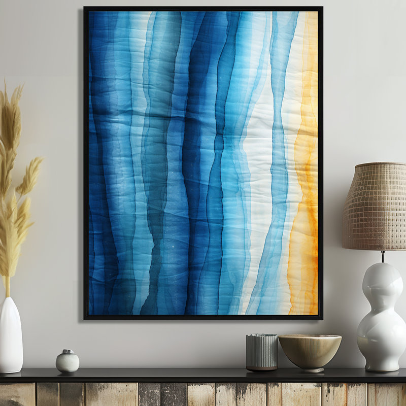 «Ocean Waves At The Beach Linen Blue», reproduction d'art abstrait, Toile avec cadre flottant noir