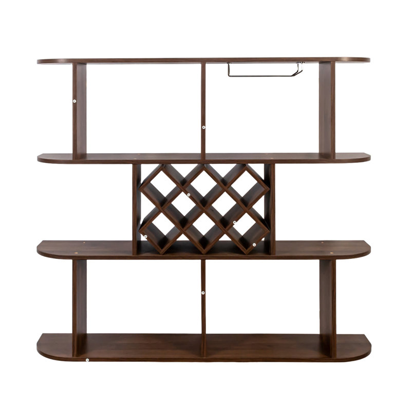 Casier à vin mural rustique à 3 niveaux, multifonctionnel avec porte-verres, idéal pour la décoration de votre bar ou salle à manger. Panneaux de particules couleur noyer, profondeur : 117,6 cm, largeur : 23,2 cm, hauteur : 103,5 cm, poids : 22,5 kg.
