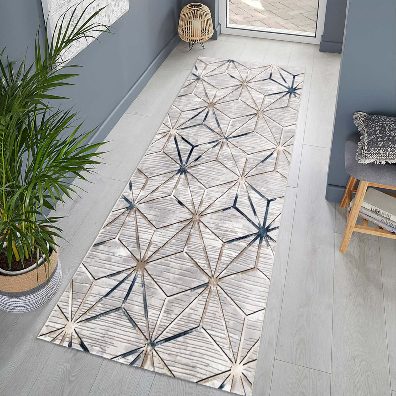 Luxurious Hall Carpet, Grey & Blue, 4.9 x 14.8 ft | 100% Polyester, 1.5 lbs/sq ft, Pile Height: 0.4 in | Non-Slip Dot Underside, Machine Washable at 86°F | Stylish Digital Print for Modern Home Décor