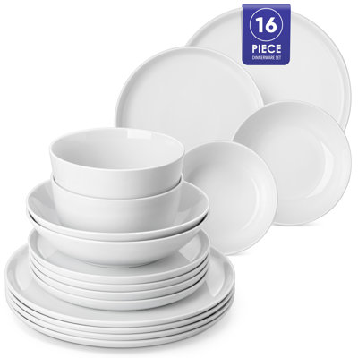 16 Pieces Dinnerware, Pocelain Round Plate, Dinner Plate, Dessert Plate, Soup Bowl and Bowl with Vertical Edge, Serve For 4 Person, Plain White