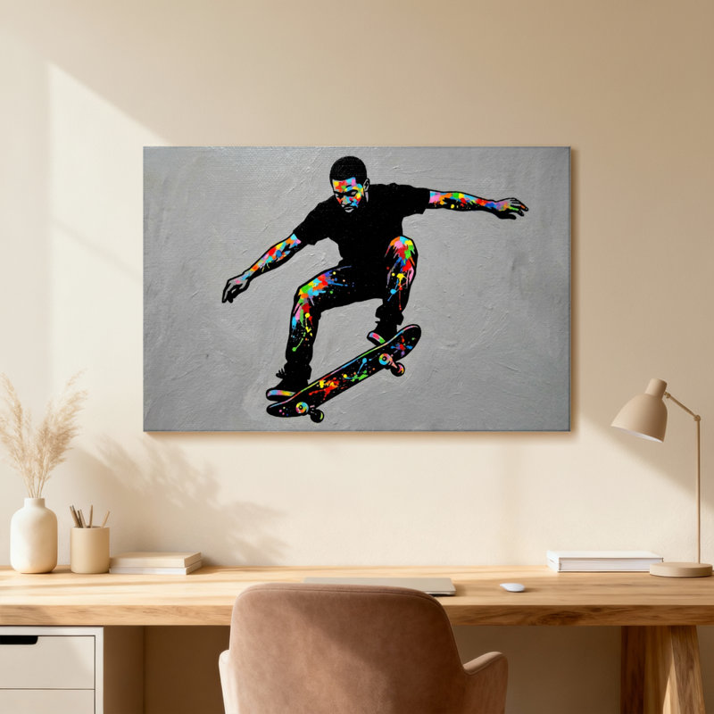 Silhouette colorée de skateur sur fond gris, 20" H x 30" W, Toile tendue, Ne s’applique pas
