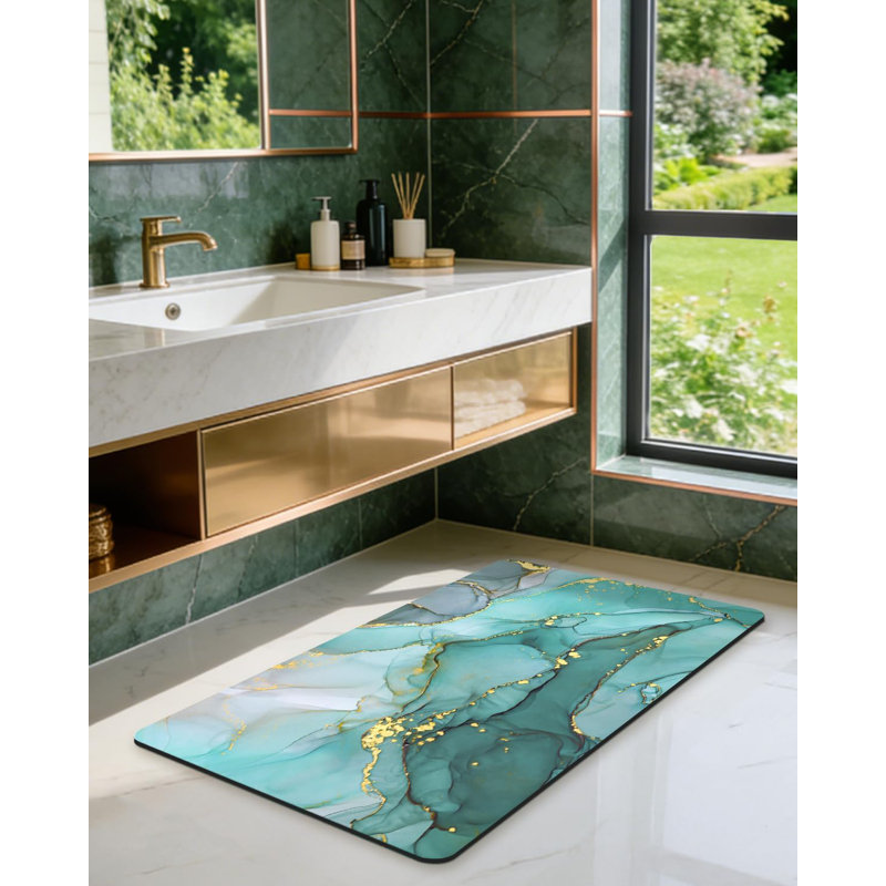 Bathroom Mat Ultra Thin, Non Slip Bath Rug for Shower Floor, Absorbent Quick Dry Marble Bathmats Low Profile, 16x24, Turquoise Green