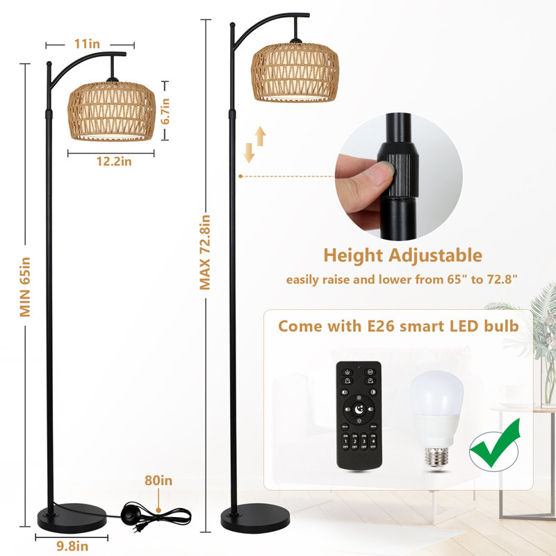 Lampe sur pied arquée en rotin avec lumière DEL et télécommande, réglable en hauteur
