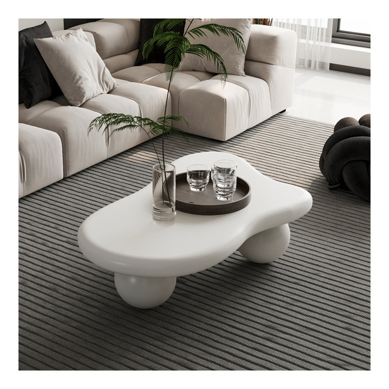 Table basse de 40 pouces en forme de nuage avec 3 pieds sphériques pour le salon, blanc crème, Blanc, crème, Blanc, crème