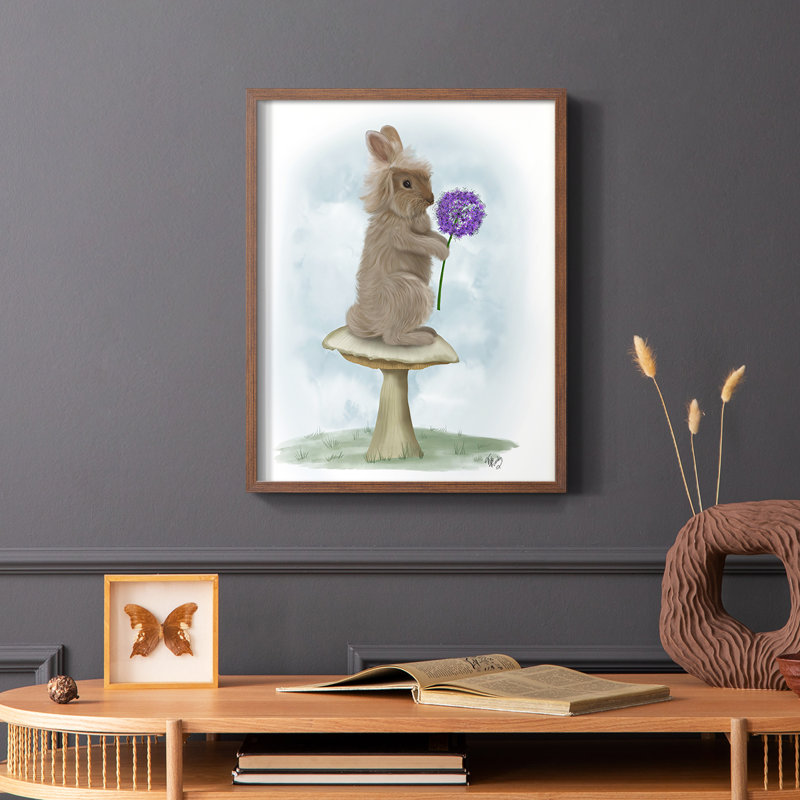 Lapin et agapanthe, reproduction encadrée - bois massif, Brun, H 14 po x l 11 po