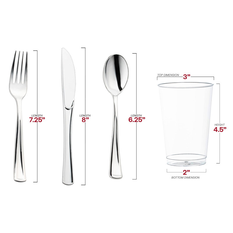 Ensemble de couverts et gobelets jetables en plastique argenté - 120 invités