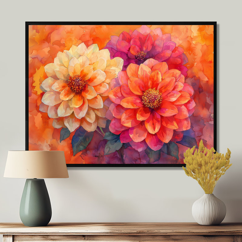 Coucher de soleil aux couleurs vives, Dahlia vision II - Dahlia, art mural, H 12 po x l 20 po, Floater Framed, Noir