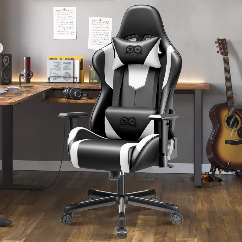 White and Black PU Leather Ergonomic Gaming Chair with Lumbar Support