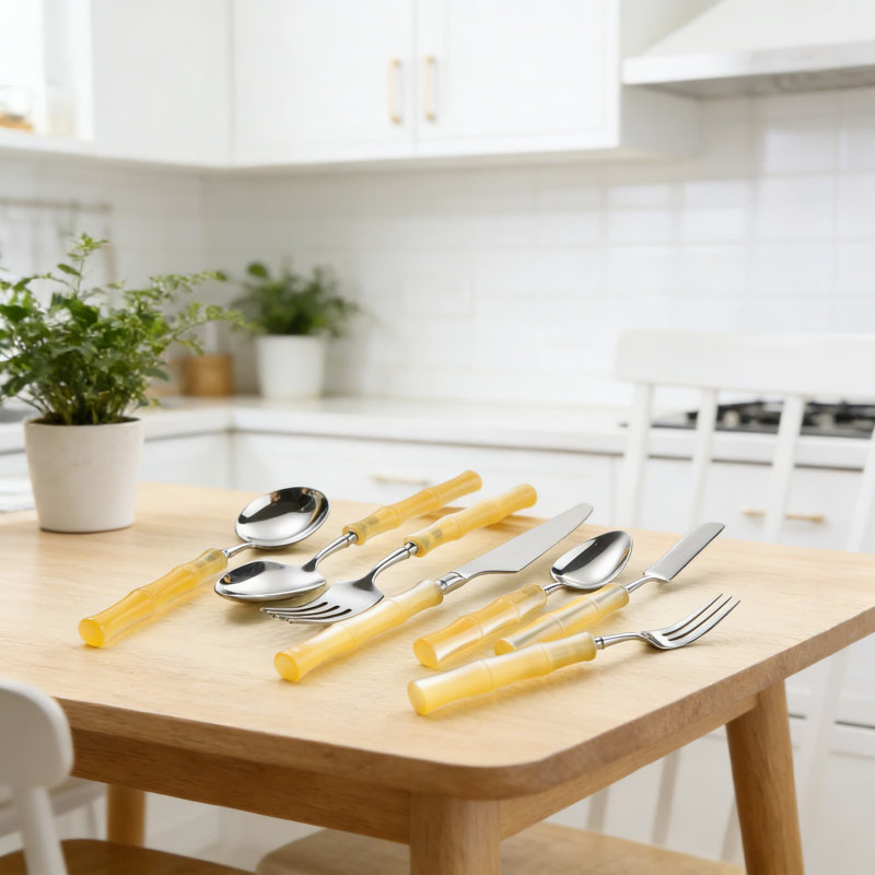 Ensemble de couverts 7 pièces en acier inoxydable avec poignée en bambou, couverts modernes pour la maison, la cuisine et la vaisselle