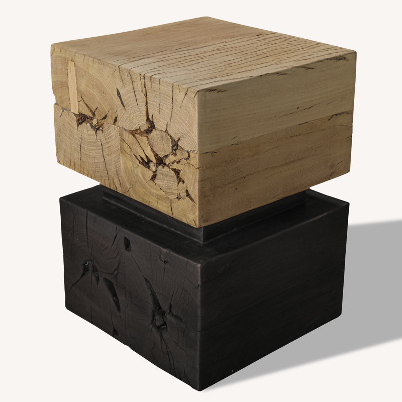 Block Stool ~ A perfect contrast between ebony and bleached wood, evoking the duality of light and shadow. It also emphasizes the raw, sculptural beauty of the stacked 100% reclaimed wood blocks, making it feel both modern and timeless.
