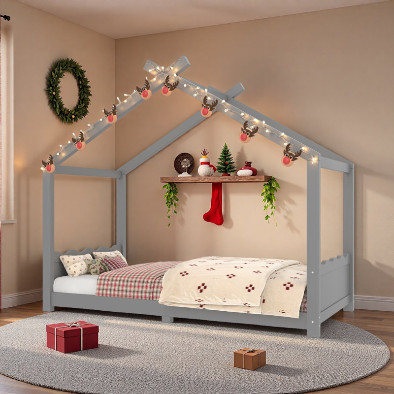 Lit de maison avec lattes de soutien, cadre de lit de maison en bois massif pour enfants, pas de sommier tapissier et structure d'ouverture