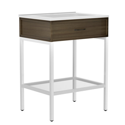 Meuble-lavabo 24 po avec lavabo en résine, structure en acier inoxydable et tablette ouverte en verre trempé