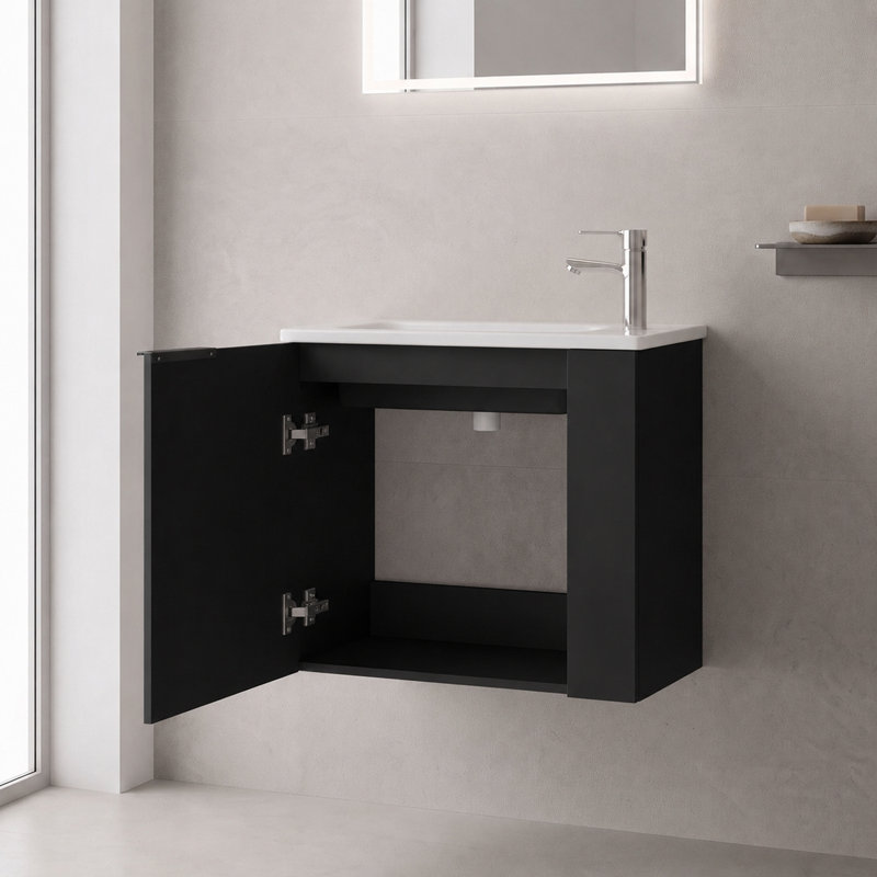 Meuble-lavabo flottant 22 po avec lavabo, porte en céramique, noir