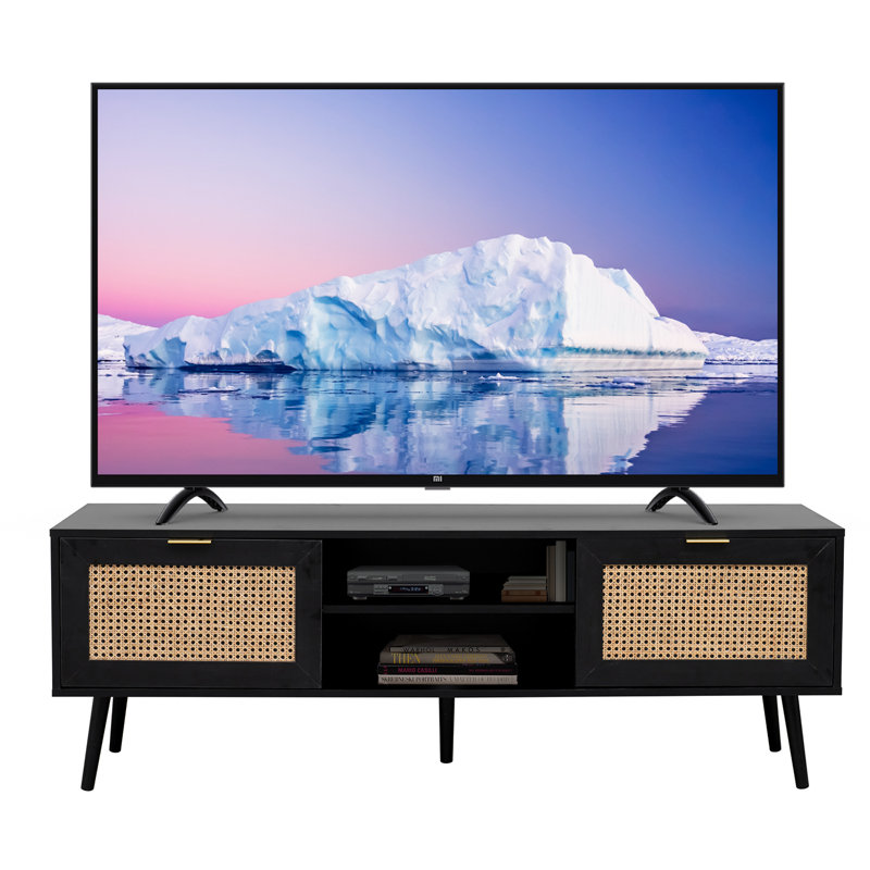 Aker Black Rattan TV Stand Cabinet with Two Cupboards and Shelves TV Unit - W150 x D40 x H52cm