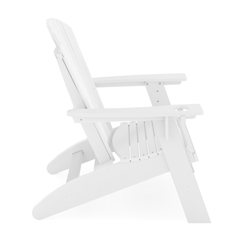 Chaise d'extérieur en bois blanc avec dossier incurvé et porte-gobelet intégré pour une vie pratique